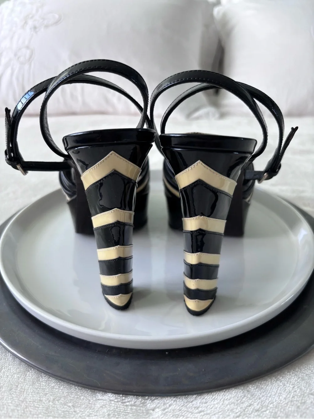 Valentino Garavani Black and Beige Patent Platform Slingback Heels